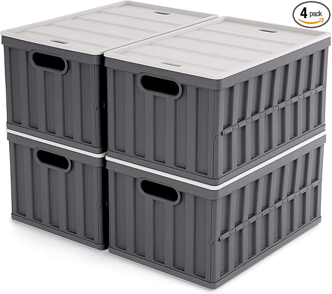 Citylife 64L Collapsible Storage Bins with Lids Plastic Storage Containers for Organizing Stackable Storage Box Large Heavy Duty Utility Crates, 4 Packs
