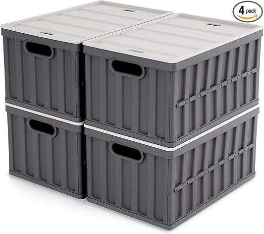Citylife 64L Collapsible Storage Bins with Lids Plastic Storage Containers for Organizing Stackable Storage Box Large Heavy Duty Utility Crates, 4 Packs
