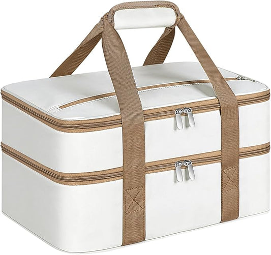 Double Insulated Casserole Carrier, Portable Casserole Carrier for Hot or Cold Food Lunch Tote Warmer or Cooler Bag, Lasagna Lunch Bag for Potluck Parties- Fits 9" x 13" Baking Dish-Beige
