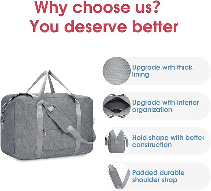 Carry on luaggage 22x14x9 Airlines Approved Foldable Carry on Bag Travel Duffel Packable Duffle Overnight for Women and Men 40L (Grey)