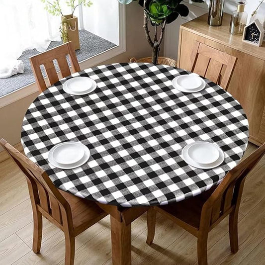 Fitable Vinyl Fitted Tablecloth Round, Black and White - Waterproof Checkered Elastic Tablecloth Flannel Backed Gingham Table Cover for Outdoor Picnic Dining (Fit for 36"-44" Round Tables)