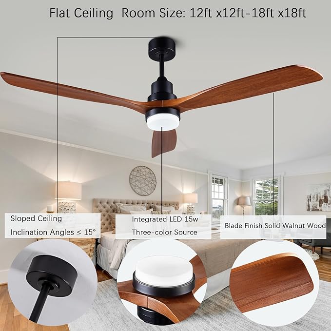 60” Ceiling Fan [with Lighting Remote], Indoor Outdoor Mute, Modern Wooden Ceiling Fan [with 3 Solid Wood Blades] for Patio, Living Room, Bedroom, Hallway.