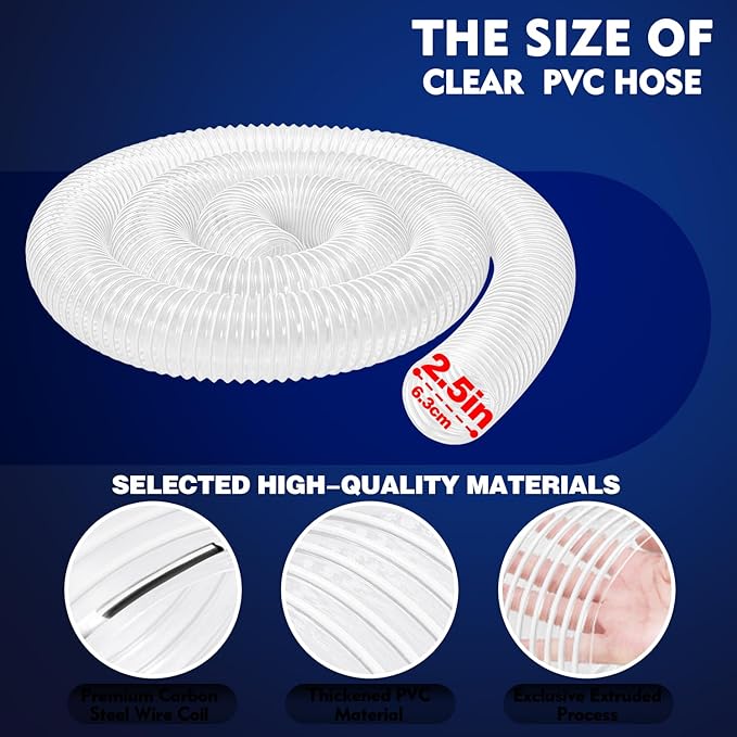 2 1/2" x 10' PVC Dust Collection Hose, Puncture-Resistant, Heavy-Duty Flexible Clear Fume Hose with Carbon Steel Wire Coil for Dust Collection Systems, Woodworking, Workshops