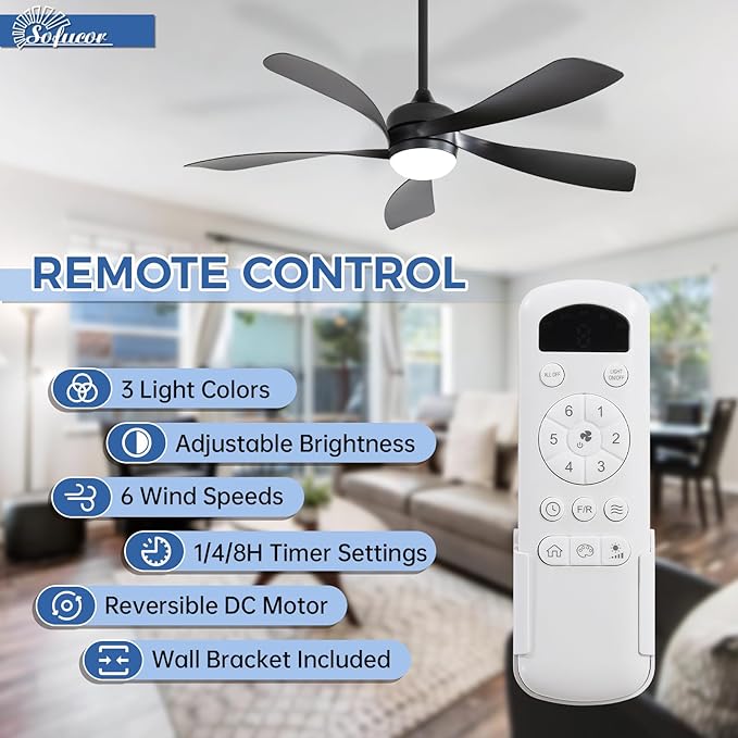 Sofucor 52 Inch Ceiling Fans with Lights and Remote, Outdoor Ceiling Fan with Light 6-Speed 3 CCT 3-Timer, Black Low Profile Ceiling Fan 5 Blade Reversible DC Motor for Living Room Bedroom Patio