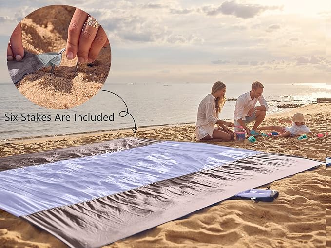 WEKAPO Beach Blanket Sandproof Waterproof, Extra Large Beach Mat, Oversized & Compact Sand Free Mat Quick Drying, Lightweight & Durable with 6 Stakes & 4 Corner Pockets