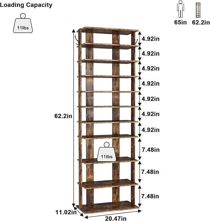 HOMEFORT 10-Tier Vertical Shoe Rack, Corner Shoe Tower, Double Rows 10 Tiers Shoe Shelf, Slim Shoe Storage Unit for 20 Pairs of Shoes, Shoe Stand for Entryway, Hallway, Closet (Rustic Brown)