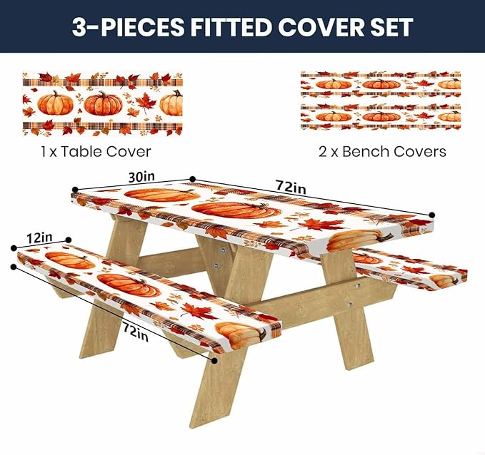 CAPSCEOLL Fitted Picnic Table Cover with Bench Covers with Elastic 6Ft Waterproof Camping Picnic Table Cover Cloths for Outdoors Camping Tablecloth with Drawstring Bag, 72X30in, Pumpkins Leaf