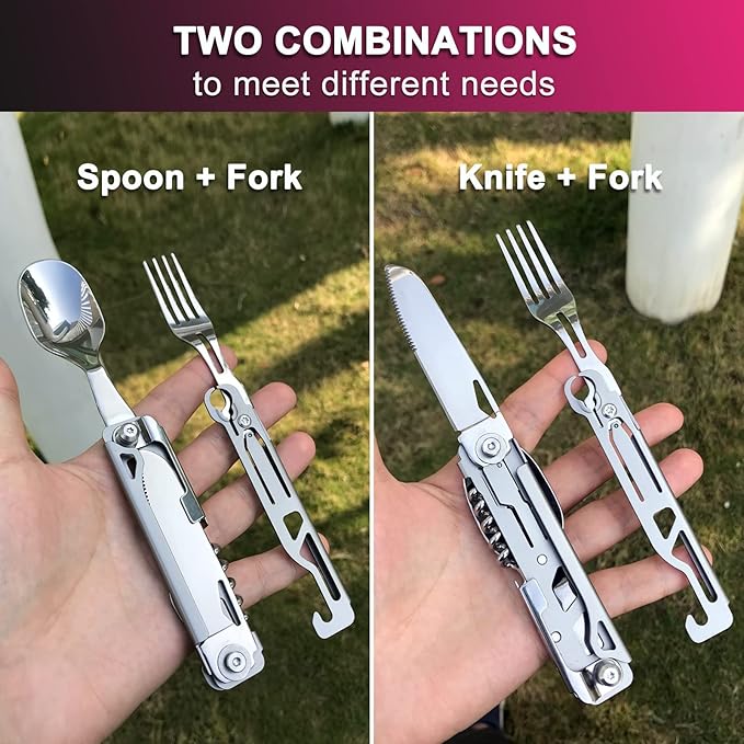 6 in 1 Detachable Camping Utensils Flatware Set, Multifunction Travel Pocket Cutlery Folding Spoon, Fork, Knife, Wine Bottle Can Opener Portable Combo Set Stainless Steel