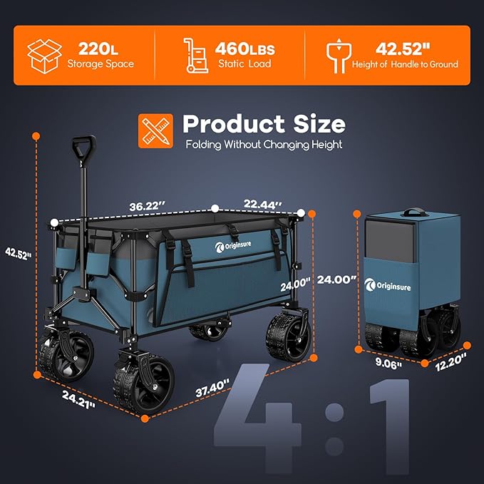 220L Collapsible Wagon Cart Foldable, 460LB Load Capacity Heavy Duty Folding Beach Wagons with Big All-Terrain Wheels, Utility Carts for Groceries, Shopping, Camping, Sports - Grey&Blue
