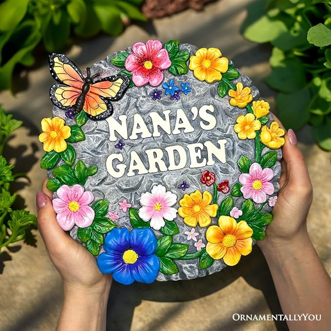 Elegant Resin Stepping Stone, Outdoor Garden Pathway Decoration (Nana’s Garden Floral Stepping Stone, 9.5" Decorative and Gift for Grandmother)