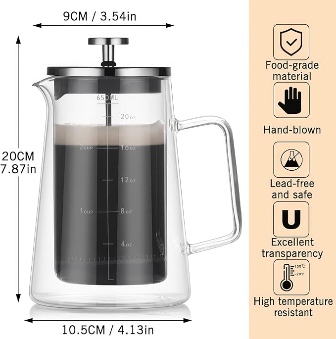 French Press Coffee Maker 22Oz - Double-Wall Insulated Borosilicate Glass - Ergonomic Handle - Coffee Gift - Tea & Coffee Press