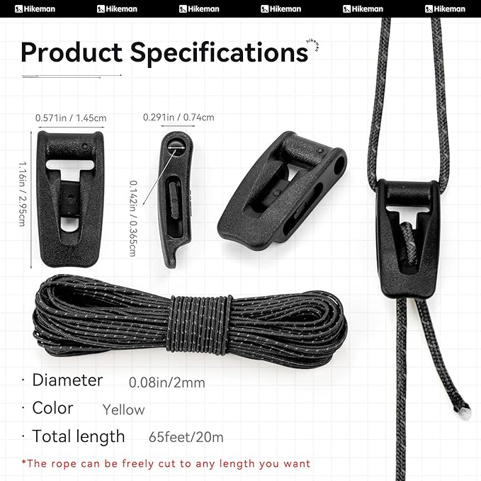 Hikeman Tent Guy Ropes 2mm-Ultralight Strong Guy Lines with Tensioner Reflective UHMWPE Fiber Tent Cord for Camping, Hiking, Backpacking Rope (Black, 65 Feet, 10 Tensioners)