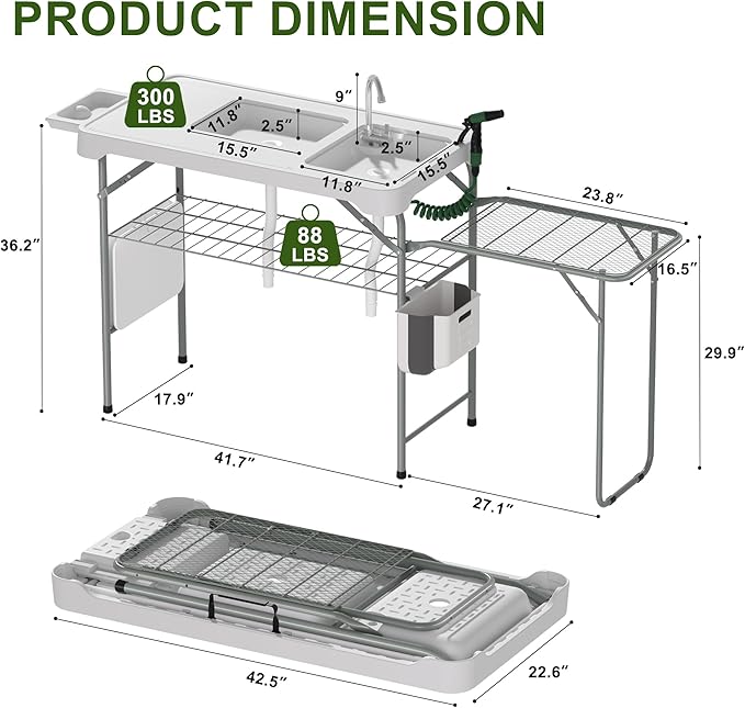 Dragosum Fish Cleaning Table, Portable Folding Camping Table with Folding Grill Extension Board, Fish Cleaning Station with Dual Sinks, Hose Hook Up