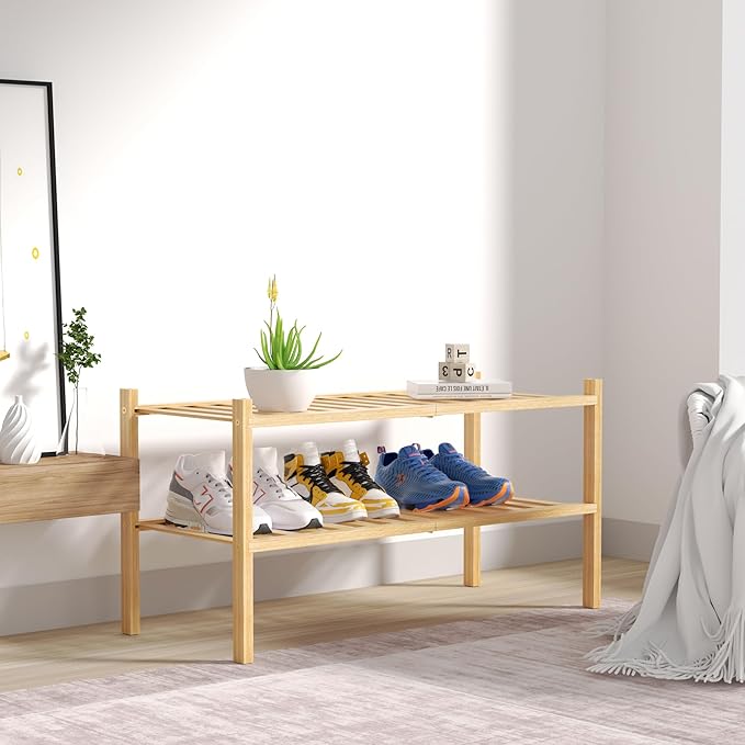 2 Tier Bamboo Shoe Rack for Closet Free Standing Wood Shoe Shelf for Entryway Small Space Stackable 27"x11"x13" (Natural)