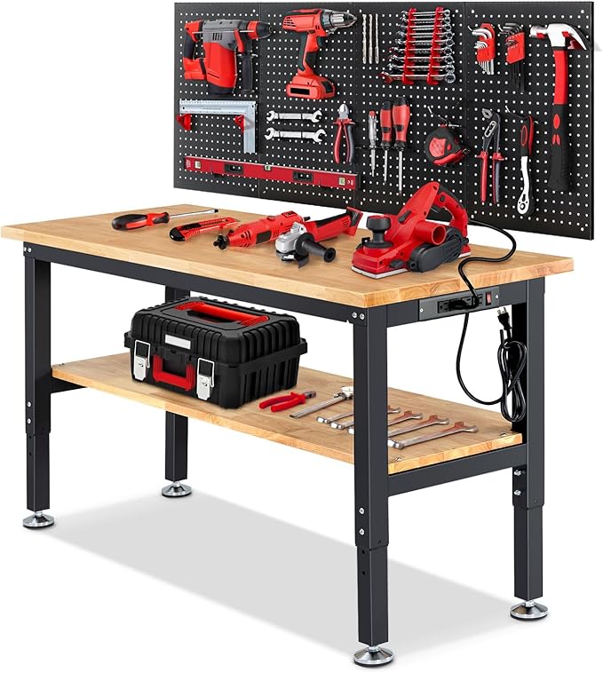 Adjustable Height Work Bench 60x 22 Workbench for Garage Work Table with Under Table Shelf for Shop Woodworking, Heavy Duty Rubber Wood Top for Office, Home, Commercial
