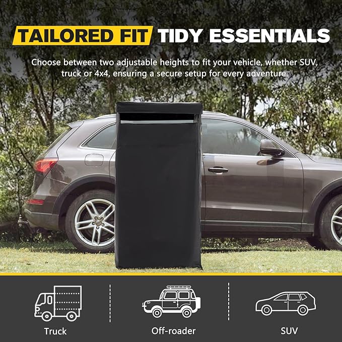 BUNKER INDUST Vehicle Side Shower Tent with Roof, Car Portable Privacy Shower Bathroom, Outdoor Camping Awning Shower Room Waterproof, Built-in LED Light for Night, Black