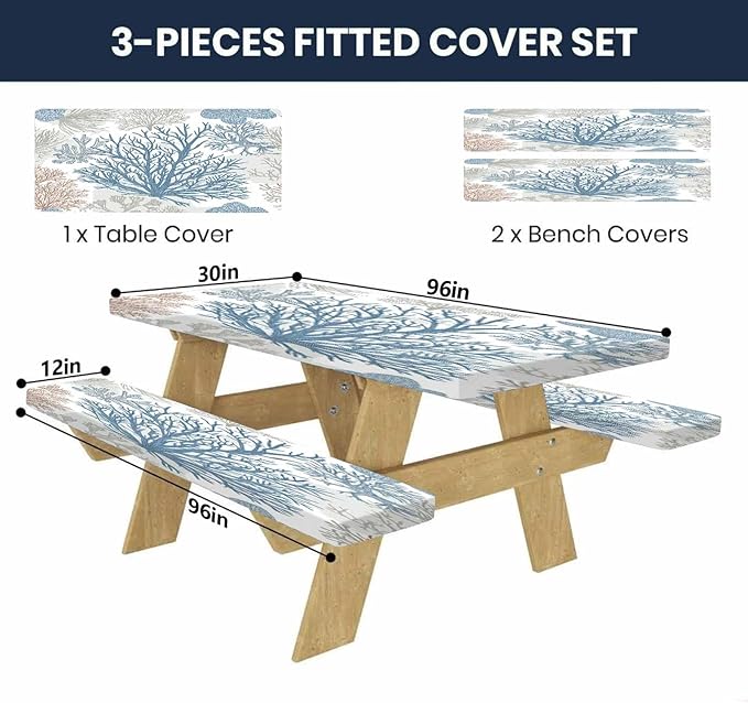 CAPSCEOLL Fitted Picnic Table Cover with Bench Covers with Elastic 8Ft Waterproof Camping Picnic Table Cover Cloths for Outdoors Camping Tablecloth with Drawstring Bag, 96X30in, Blue Sea