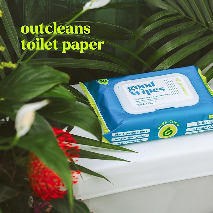 goodwipes Flushable Butt Wipes - Vitamin E & Aloe - Sewer & Septic Safe - Extra Large Adult Wet Wipes For Women & Men - Bathroom Essentials - Shea-Coco, 318 Count (6 Packs + 1 Travel)