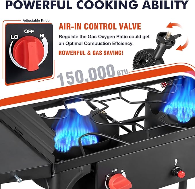 Llamaviva 2 Burner Gas Stove, Propane Outdoor Stove with Side Shelves, Auto Ignition Button, Removable Legs&Regulator, 150,000 BTU, Propane Burners for Outdoor Cooking, Camping&BBQ Cookouts