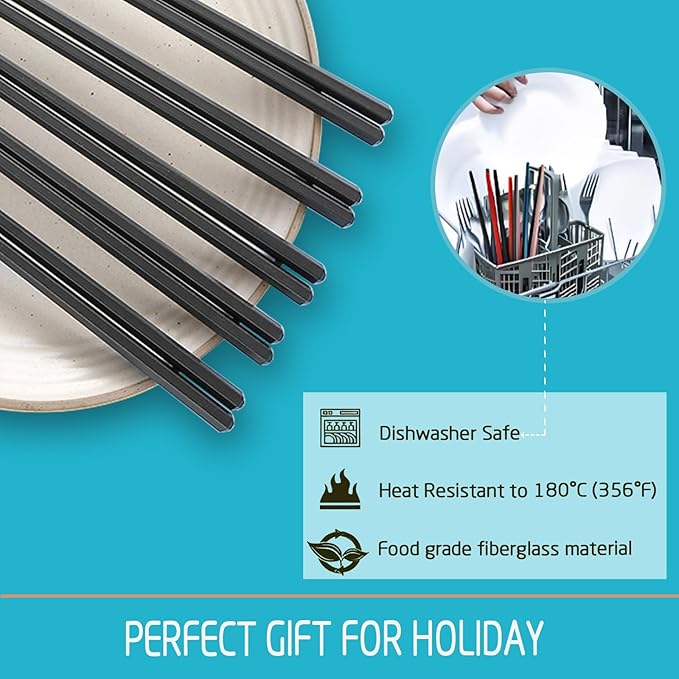 200 Pairs Hexagonal Fiberglass Sushi 24cm/9.4 Inch Dishwasher Safe Non-Slip Chopsticks,Japanese Style Black for Restaurant & Party.