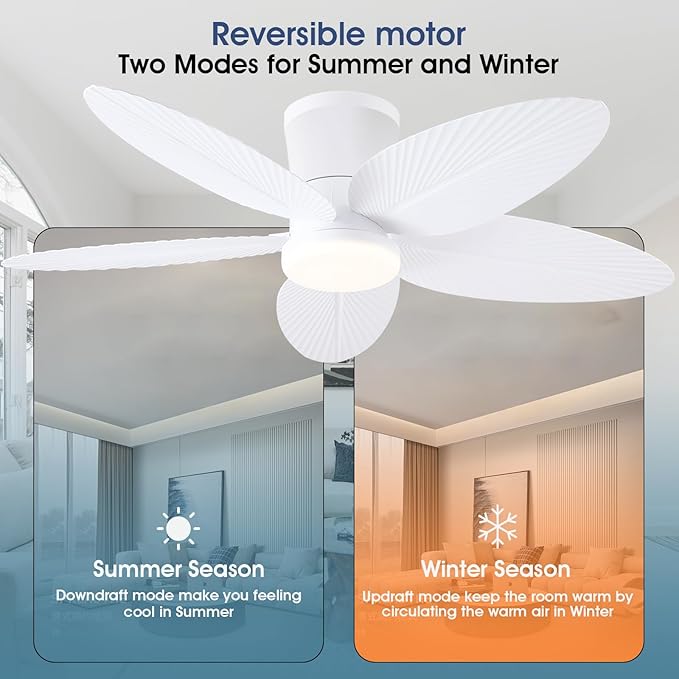 Palm Leaf Ceiling Fans with Lights-42 Tropical Ceiling Fan with Light and Remote/APP Control,Flush Mount Low Profile White Ceiling Fans for Bedroom,Indoor/Outdoor Patio Use