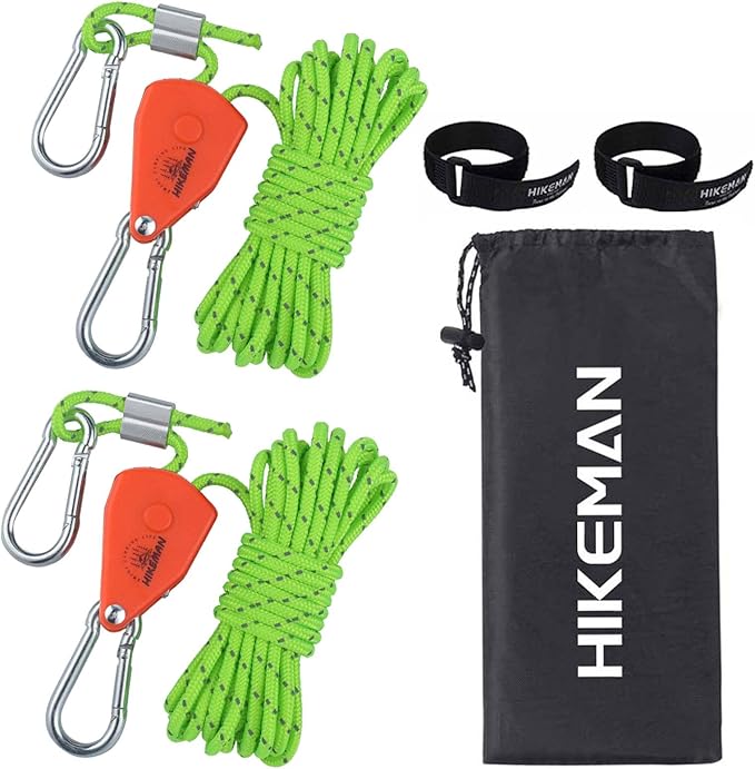 Hikeman Camping Rope with Ratchet Pulley,Quick Setup Outdoor Guy Lines Adjustable Tent Tie Downs Rope Hanger for Canopy,Kayak and Canoe,Grow Light (Fluorescent Green)