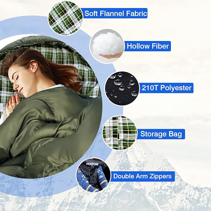 Flannel Sleeping Bag Cotton 0 Degree Cold Weather for Adults XXL Wearable Sleeping Bag 4 Seasons Waterproof with Compression Sack