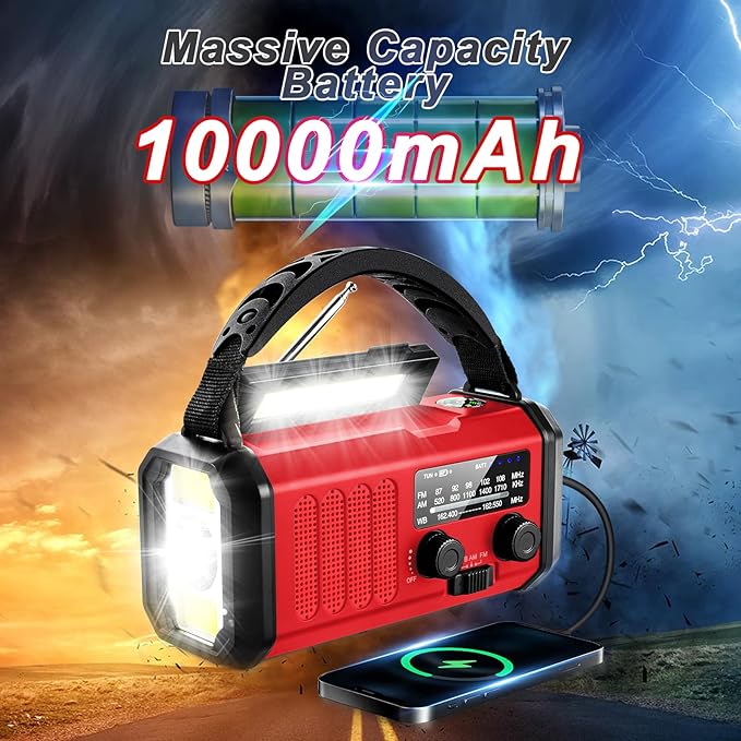 Hand Crank Emergency Radio, 10000mAh/37000mWh Solar Powered AM/FM/NOAA Weather Radio with Multi-Function LED Flashlight and Cell Phone Charger for Indoor/Outdoor Emergencies