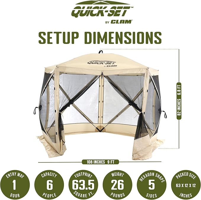 CLAM Pop Up Screen Tent, Outdoor Camping Gazebo Canopy, Venture, 9' x 9', Tan