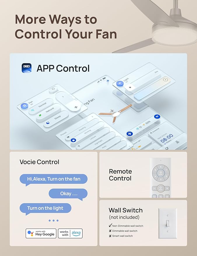 Dreo Smart Ceiling Fans with Lights, 52 Inch Grey Ceiling Fan, 12 Speeds & 3 Fan Modes, Stepless Color Tones, Dimmable LED Light, 1-12H Timer, Quiet DC Motor, Remote/APP/Alexa/Wall Switch Control