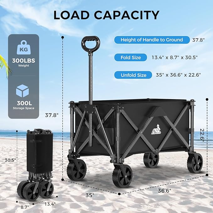 Collapsible Wagon Carts with Large Capacity, Utility Beach Wagons Heavy Duty Foldable,Side Pockets,300lb Load-Bearing Outdoor for Camping, Garden, Sports, Picnic, Shopping-Black U-Black