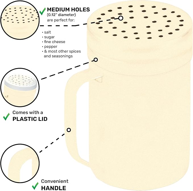 CUSINIUM 14oz Beige Stainless Steel Salt Pepper Dredge Shakers - With Plastic Cap - With Handle - Pack of 2