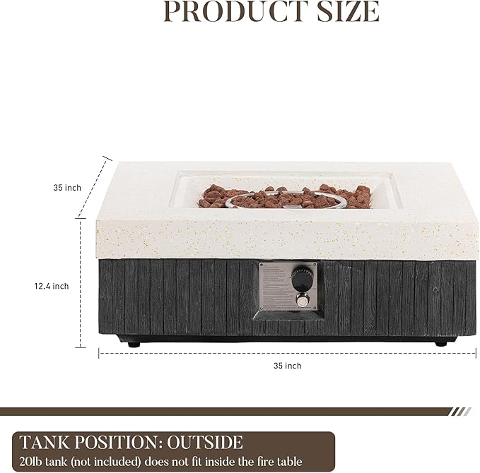 COSIEST 35" Outdoor Propane Fire Pit Table Square Gas Fire Pit Table with Concrete & Wood Grain Design, 50000BTU CSA Certified Electronic Ignition Fire Tables for Patio, Backyard, Garden Heating