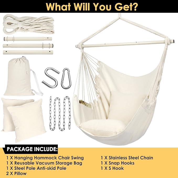 Y- STOP Hammock Chair Hanging Rope Swing Chair, Max 500 Lbs, 2 Seat Cushions Included, Removable Steel Spreader Bar with Anti-Slip Rings for Indoor or Outdoor(Beige)