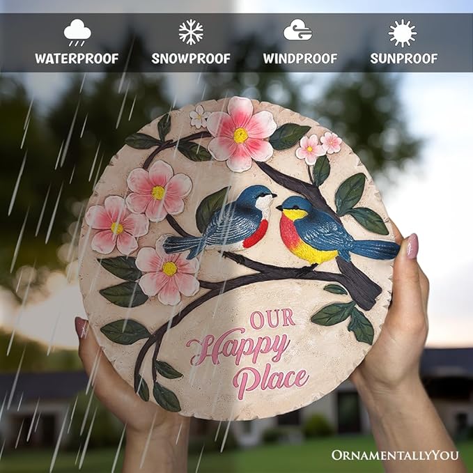 Elegant Resin Stepping Stone, Outdoor Garden Pathway Decoration (Blossoming Songbirds Positivity Stepping Stone, 9.5" Happiness Garden Decoration and Support Gift)