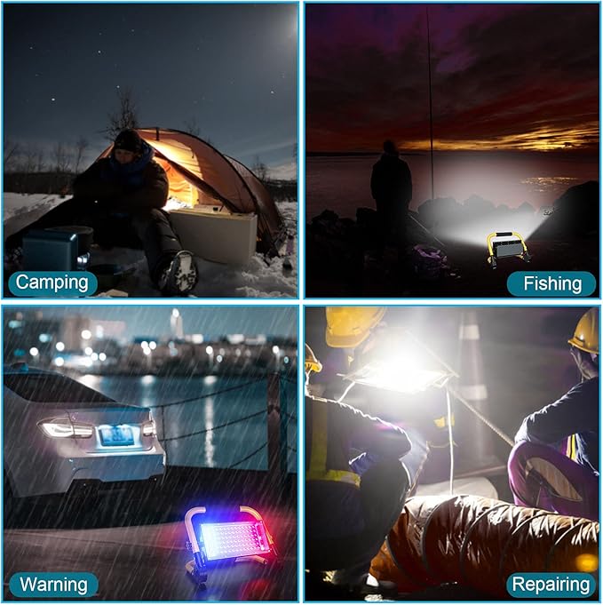 ERAY LED Construction Spotlight, LED Work Light 8000LM 13500mAh LED Work Light 2 Charging Methods / 4 Modes/Power Bank/Remote Control/Timer / 70 LED, LED Solar Construction Light for Camping