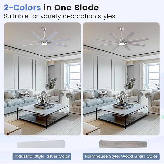 62 inch Brushed Nickel Ceiling Fan with Light & Remote, Indoor/Outdoor 8-Blade Fan, 6-Speed Silent Reversible DC Motor, 3CCT LED, Timer, 2 Downrods for Living Room/Patio