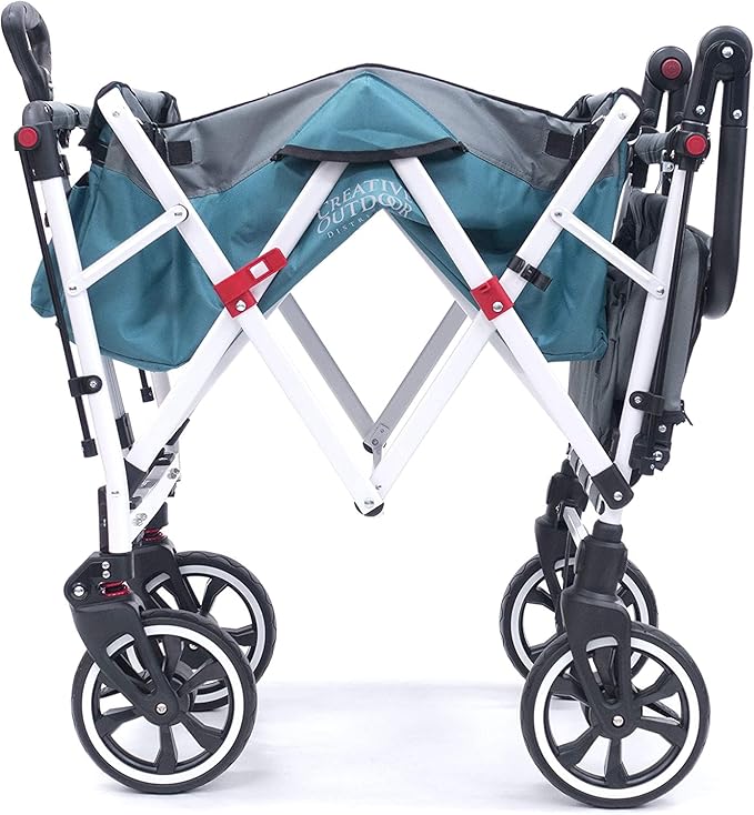 Creative Outdoor Wagon for Kids Push Pull Collapsible Stroller with Canopy Folding Cart for Beach, Park, Garden (Teal & Grey)