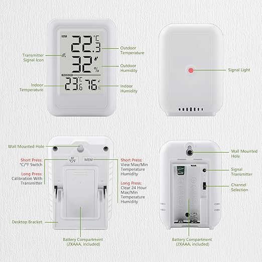 Indoor Outdoor Thermometer Hygrometer Wireless, Temperature Humidity Monitor with 330FT Range Remote Sensor, Max/Min Record, ℃/℉ Switch for Home, Office,Greenhouse, Baby Room (Type B)