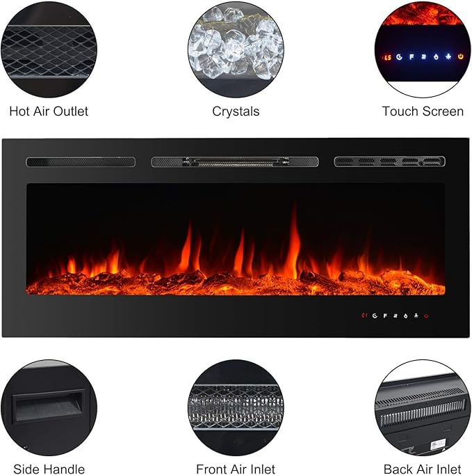 CharaVector Electric Fireplaces Recessed Wall Mounted Fireplace Insert 50 Inch Wide Heater LED Fire Place Remote Control & Touch Screen, 1-12 Hours Timer, 12 Color Flame and Log Color