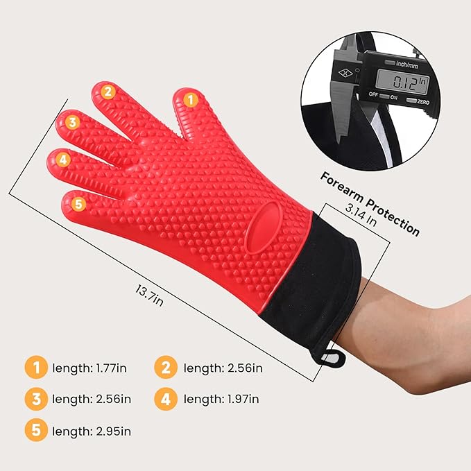 GEEKHOM BBQ Gloves Heat Resistant Oven Mitts - Silicone Grilling Gloves with 13.7" Arm Protection - Waterproof Pot Holder Non-Slip for Men & Women, Kitchen Outdoor Cooking, Baking, Camping, Red