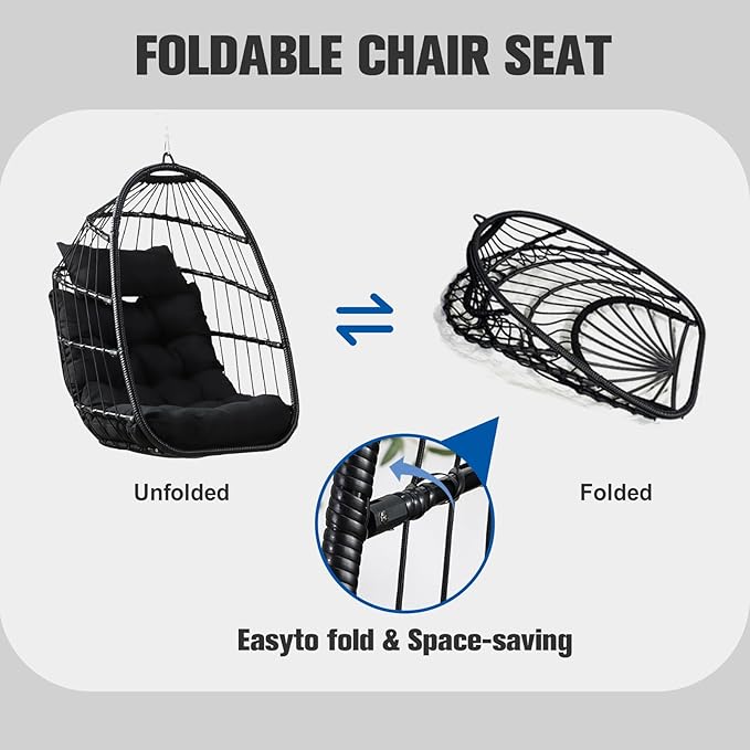 PRIVATE GARDEN Indoor Outdoor Patio Hanging Egg Chair Wicker Swing Hammock Chairs UV Resistant Cushion Folding Aluminum Frame 330lbs Capacity for Patio Bedroom Balcony (Black)