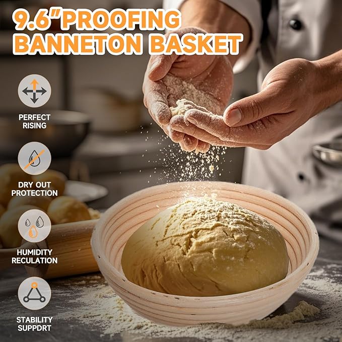 Cast Iron Dutch Oven Bread Baking Kit - 10-Piece Set with Banneton Basket, Dough Scraper, pizza shovel，Bread Lame, Whisk, Brush, and Silicone Grips with Skillet Lid Cooking Pan Handles Lame, 5QT