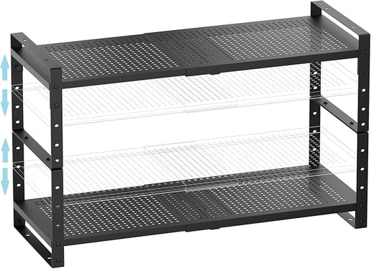 Expandable Spice Rack, Stackable Metal Pantry Storage Shelves Stand, Adjustable Height Cabinet Shelf Organizer Racks(2PACKS/Black,Large)