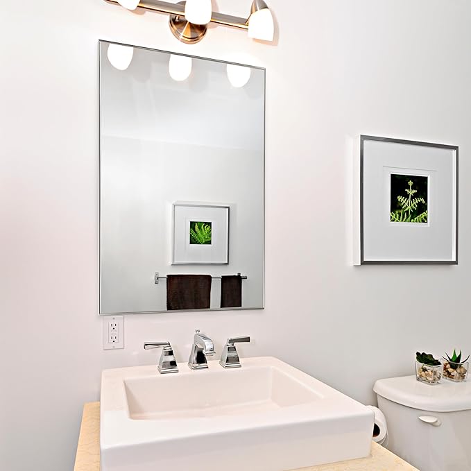 Frame My Mirror Silver Metal Framed Mirror, 30" x 54" Mirror for Bathroom, Metal Frame, True Reflections Glass, Satin Nickel Finish, Stanton Design, Hangs Horizontally or Vertically, Made in USA