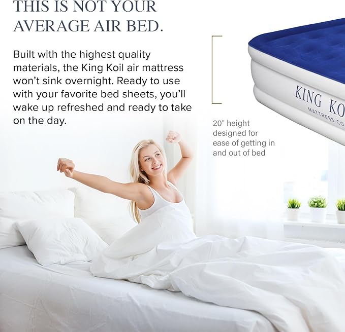 King Koil Premium California King Size Air Mattress with Built-in Pillow & Patented High-Speed Built in Pump, 20" King Size Premium Double High Airbed for Home, Camping & Guests, 1-Year Warranty