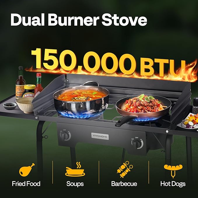 VIVOHOME 2 Burner Outdoor Propane Stove, Heavy Duty Gas Stove with 2 Side Panels and Windscreen, 150,000 BTU Camping Stove for Backyard Barbecues