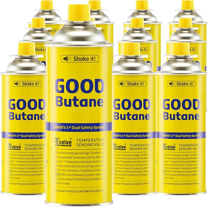 8oz Butane Fuel Canisters Cylinders with Dual Safety System for Portable Gas Stove, Camping Stoves, Gas Burners, UL Listed, Made in Korea (12 Pack)