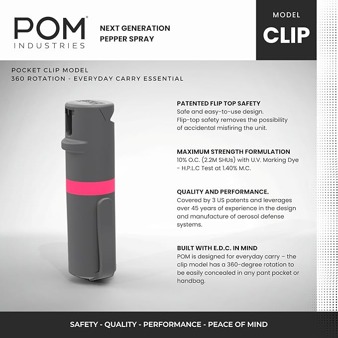 POM Pepper Spray Pocket Clip, Quick Flip Top Safety, Maximum Strength OC Formula with UV Marking Dye, Safe Compact and Tactical Design for Everyday Carry, 25 Bursts, 10 ft Range, 0.5 fl oz