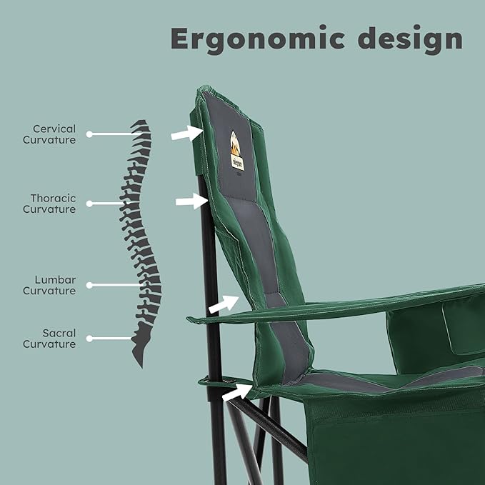 Oversized Folding Camping Chairs - 450 LBS Support Heavy Duty Camp Chair with Padded Cushion, Portable Outside Chairs with Carry Bag，Cooler, Cup Holder for Outdoor, Lawn, Sports - Green